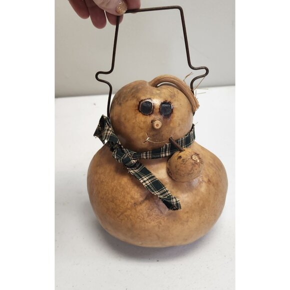 Handcrafted Gourd Snowman With Plaid Scarf & Wire Handle Rustic Winter Decor - Picture 3 of 6